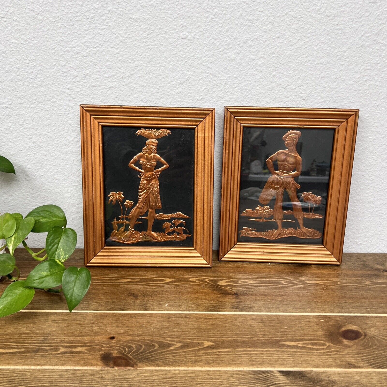 Embossed Copper Relief Tropical Caribbean Islands Man And Woman Kitsch MCM Decor