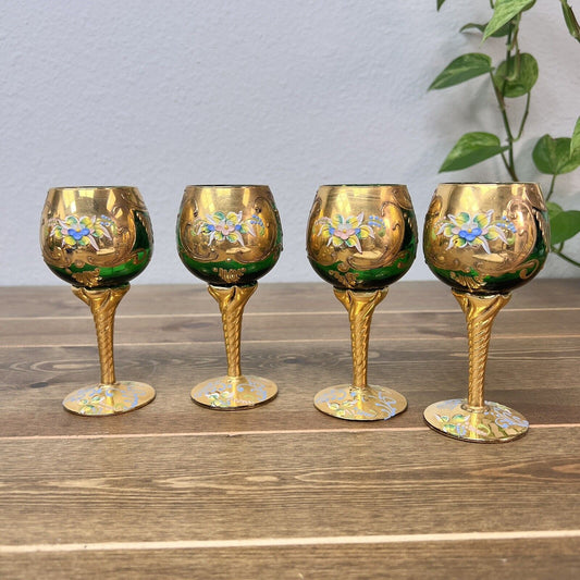 Vintage Green & Gold Leaf Sherry Glasses 3D Hand Painted Enameled Floral  -Set 4