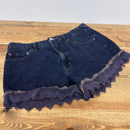 Free People Shorts Womens 27 Dark Blue Scalloped Lace Hem Zip High Rise Pocket