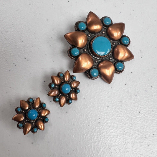 Vintage Bell Trading Post Copper Turquoise Brooch Pin & Clip On Earrings