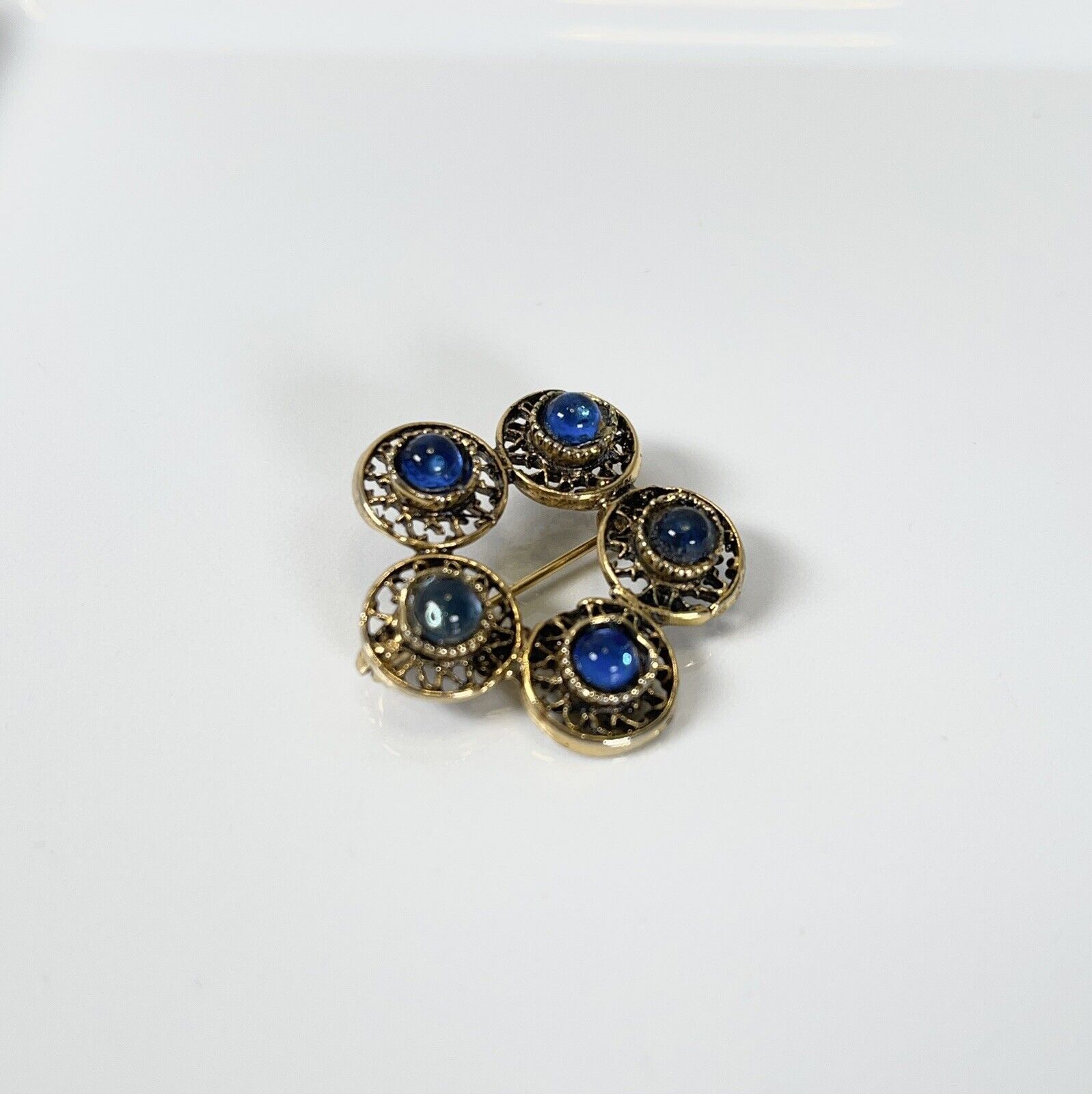 Vintage MR. WE Signed Gold Tone And Blue Brooch