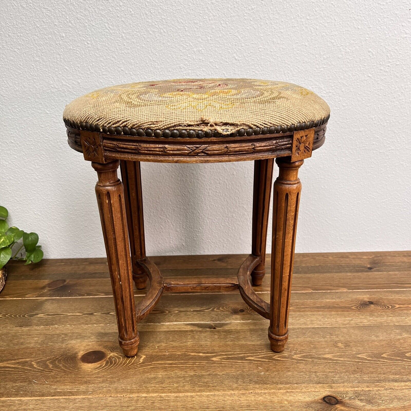 Antique Belgium Needlepoint Walnut Wood Oval Stool in Victorian Style