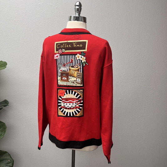 Handmade Quilt Patch Jacket Coat Womens Custom  Red & Black Coffee Theme L