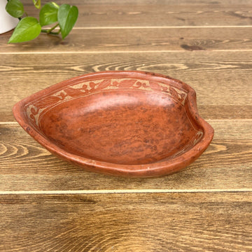 Red Clay Pottery Leaf Trinket Dish Bowl Etched Carved Rim Candy Dish Boho Decor