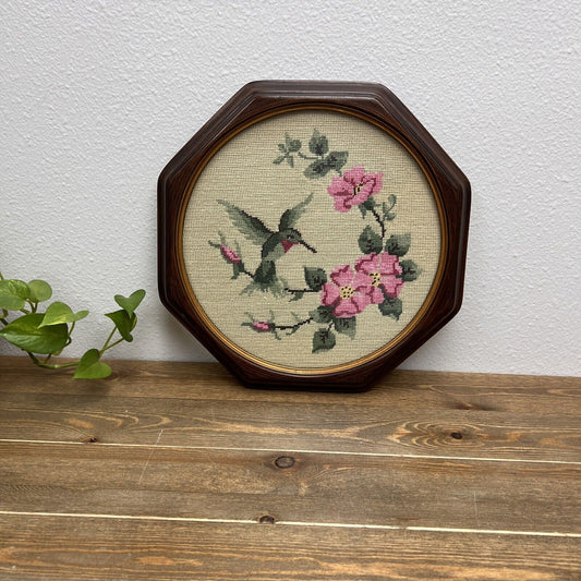 Vintage Needlepoint Hummingbird Cross Stitch Completed Wood Framed Octagon
