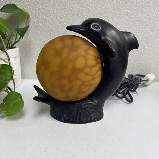 Vintage Art Deco Cast Metal Dolphin & Amber Glass Lamp Night Light