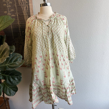 CLEOBELLA Dress Short Floral Tassels Puff Long Sleeve Mini Cotton M