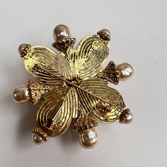 St. John Designer Brooch Maltese Cross Signed Gold Tone Faux Pearl Cabachon Pin