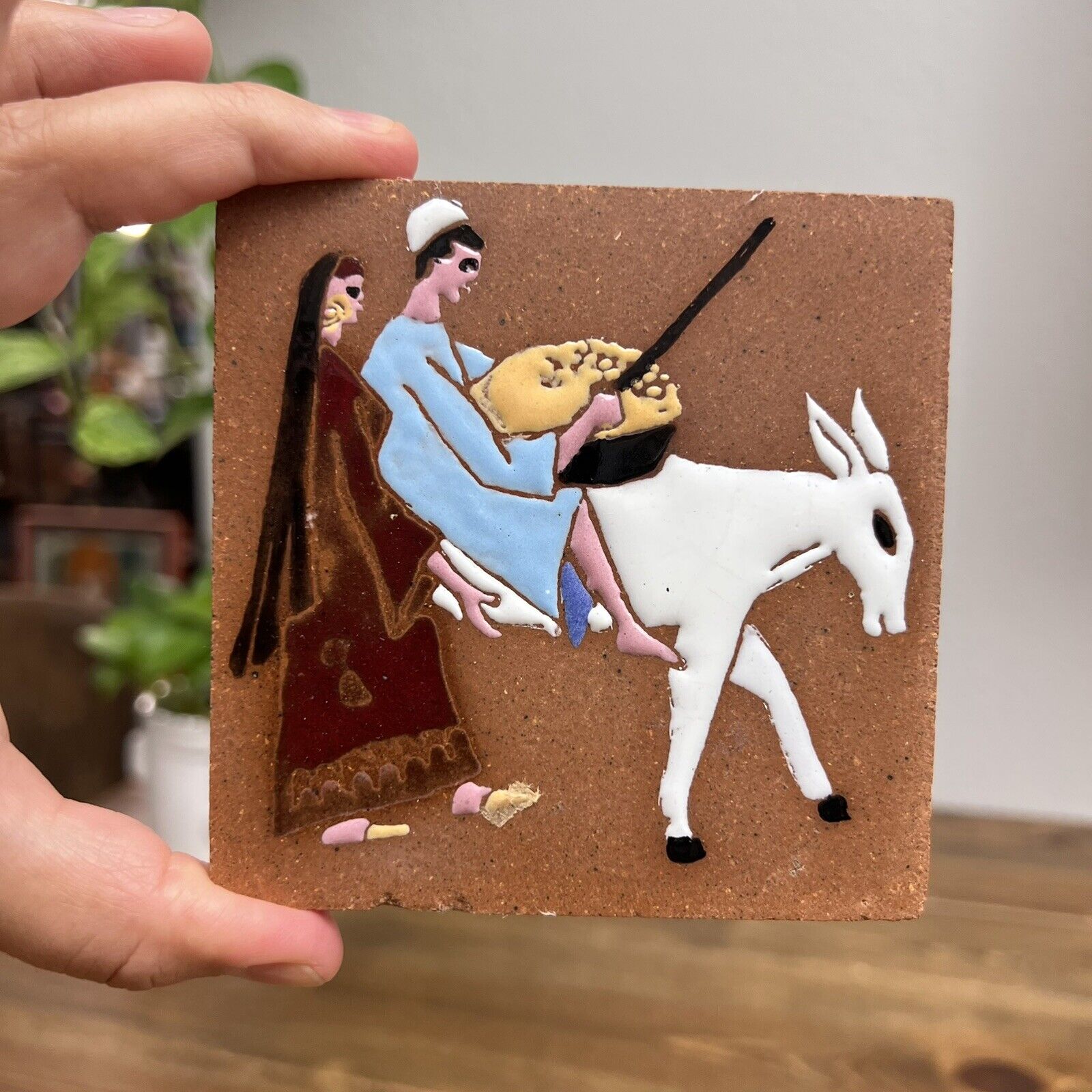 Vintage Ceramic Spain Art Tile - Women & Donkey - 4”x4”