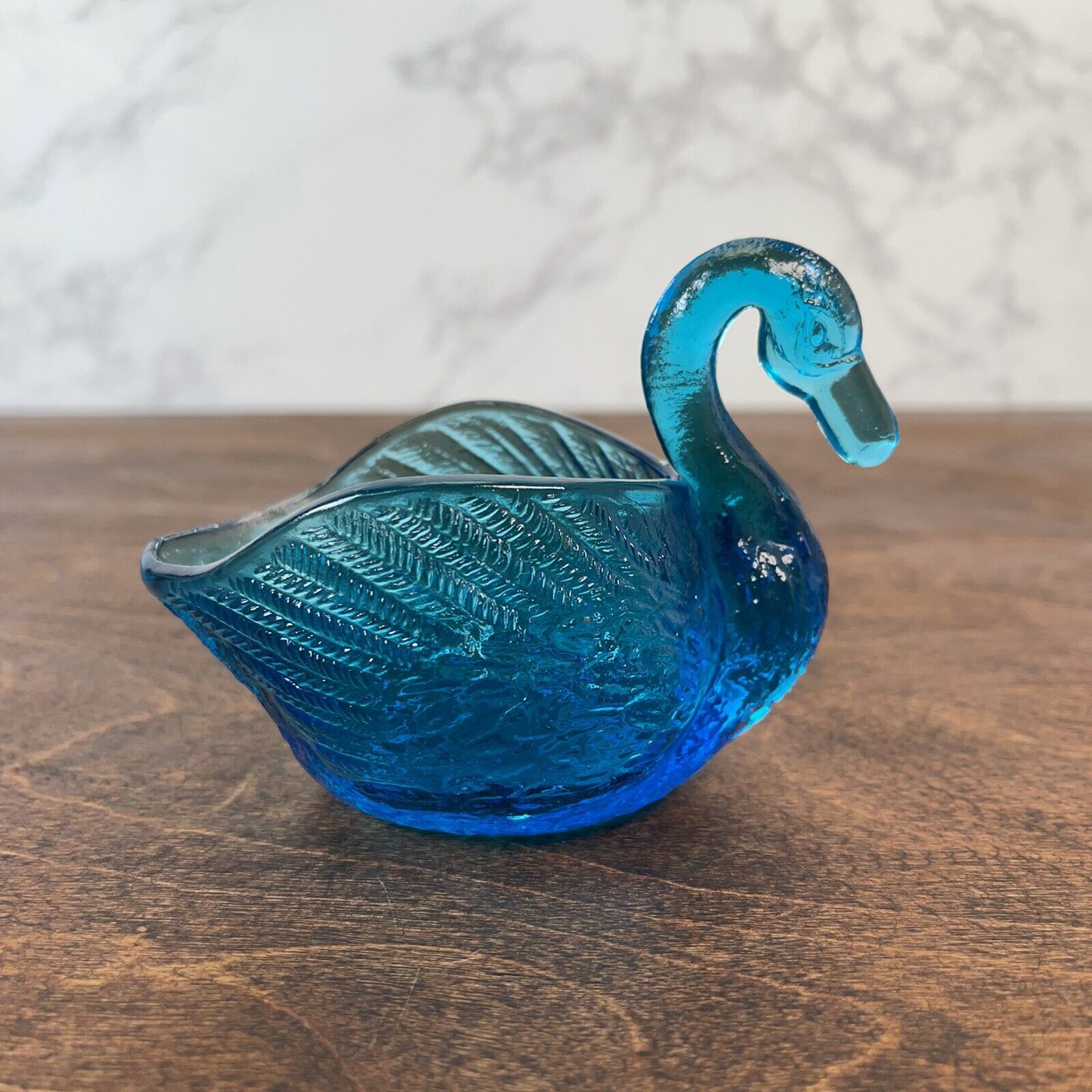 VTG Blue Glass Swan Bird Open Jewelry Trinket Cellar Decoration