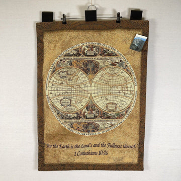 Manual Woodworkers and Weavers Wall Hanging Tapestry World Globe w/ Bible Verse