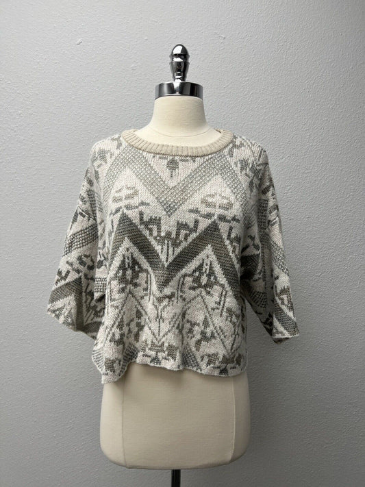 Free People fair isle jacquard pullover sweater gray cropped kimono Sz Xs