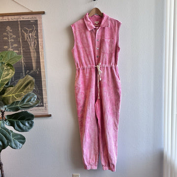 POL Relaxed Fit Jumpsuit Elastic Waist Button Front in Pink Sized L