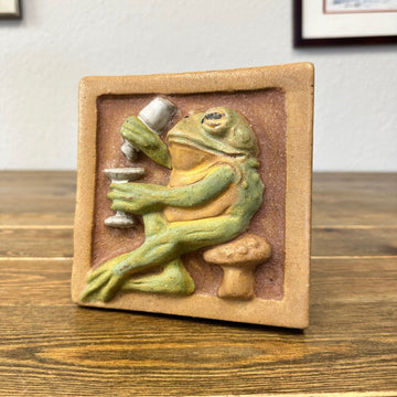 Vintage Arts & Crafts Studio Pottery Tile 3D Drinking Frog Handmade 6"x6" Decor