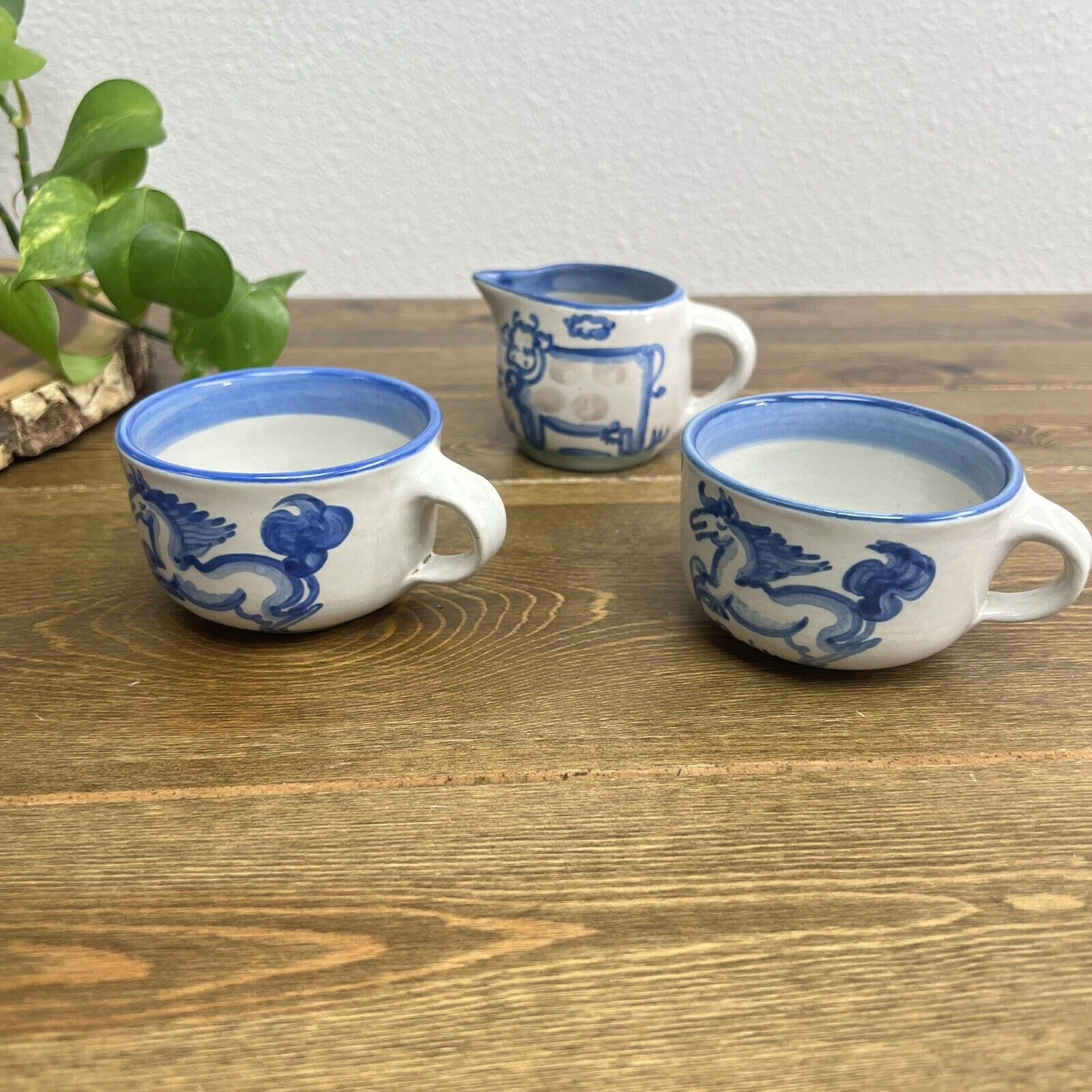 Set of 3 M. A. Hadley Pottery 2 Horse Tea Cups & Creamer Hand Paint Vintage