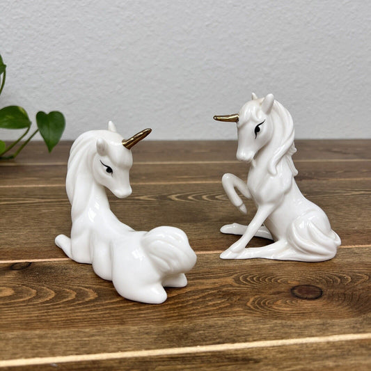 Vintage Enesco White Unicorn Pair with Gold Horns circa 1980's