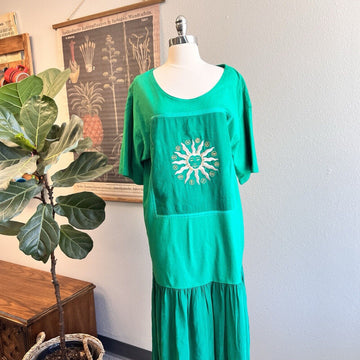 Johnny Was Maxi Dress Green Gold Sun Astronomy Zodiac Large