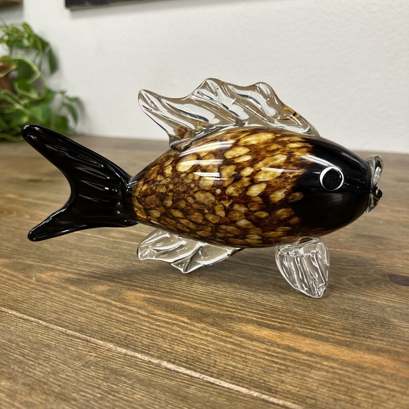 Murano Style Hand Blown Art Glass Trigger Fish Figure Black & Brown 9" Decor