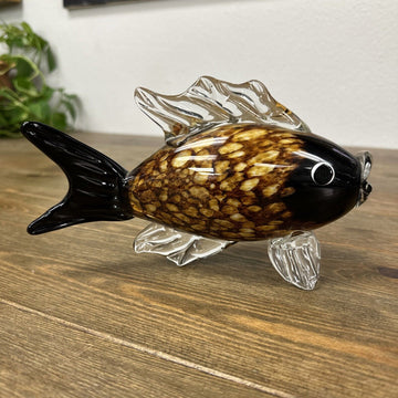 Murano Style Hand Blown Art Glass Trigger Fish Figure Black & Brown 9" Decor