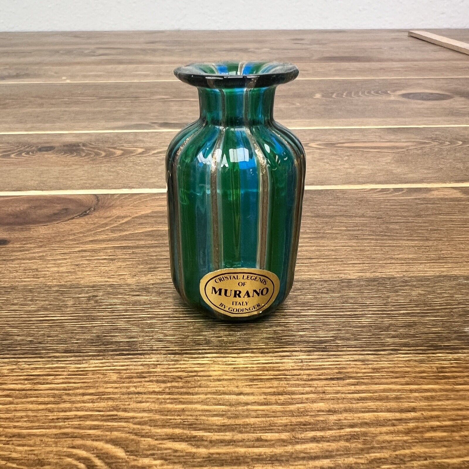 Murano Small Glass Bottle Cobalt Blue Green Gold Aventurine Stripes By Godinger