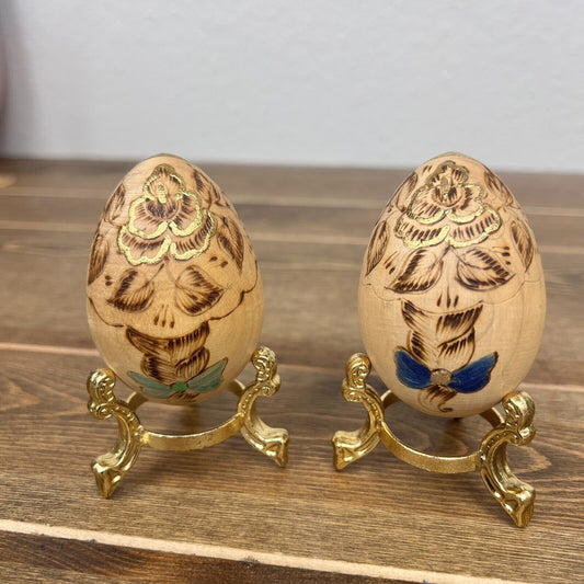 Hand Crafted Burned Wooden Egg Art Gold Trim w/Stand Set Of 2 Vintage