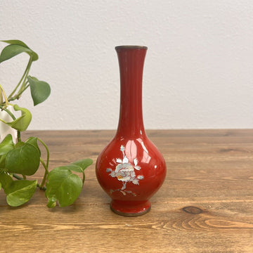 Vase Vintage Korean Red Enamel Over Brass Mother Of Pearl Inlay Vase Vintage