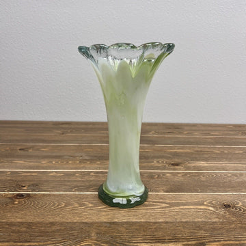 Vintage Hand Blown Studio Art  Ruffled Press Glass Vase Cased Green 11 inch tall