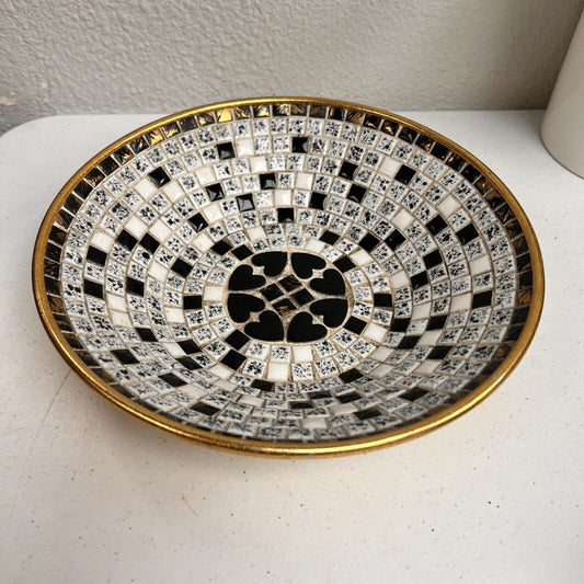 Vintage Mosaic Ceramic Tile Bowl 10” Art Gold Black Decor