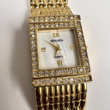 Gruen Precision Diamond Quartz Gold Tone Wristwatch with Reverse Bracelet Works