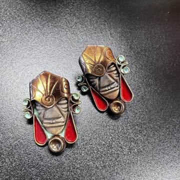 Vintage 1940s Large Enameled Copper and Carved Stone Ceramic mask earrings