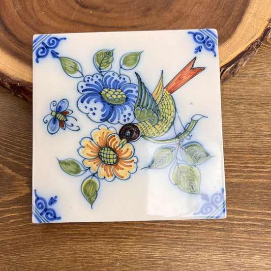 Unique TILE MAKKUM Tichelaar Delft blue & Yellow Holland bird