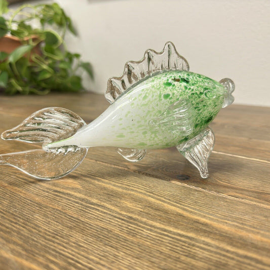 Murano Style Art Glass Fish Hand Blown in Speckled Green & White 7"x4"