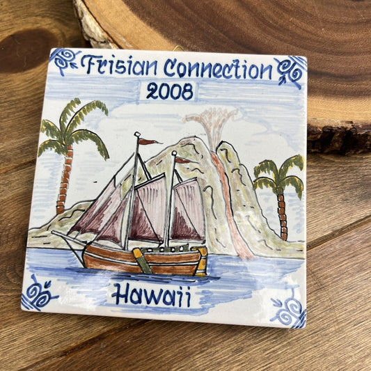 Vintage Sailboat Hawaii & Panama Tile Signed WORKUM K  Set Of 2