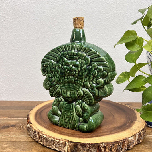 Vintage Decanter Mayan Aztec Maya Green EMPTY Bottle Decor