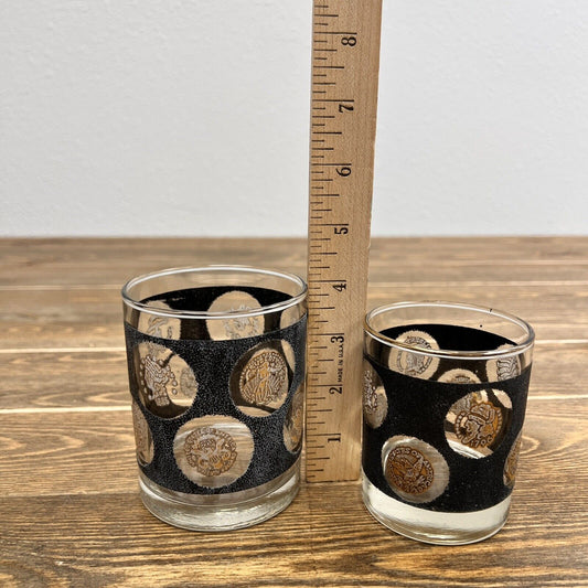 Vintage Libbey Gold Coins Whiskey Glasses Old Fashioned Black and Gold Mid...