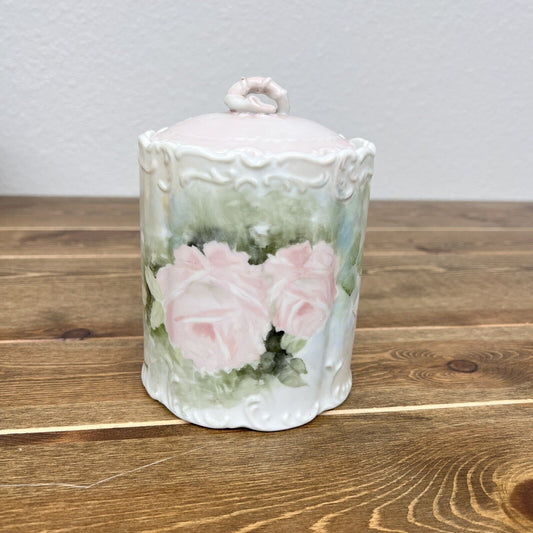 Vintage Porcelain Biscuit/Cracker Jar Pink and White