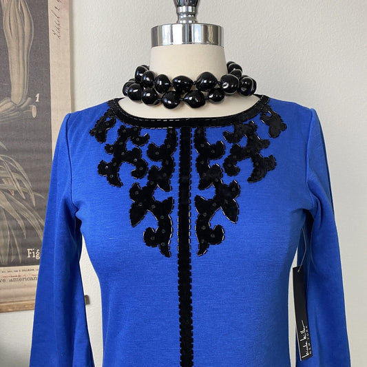 Authentic NICOLE MILLER New York Blue Black Velvet Beaded LS Zip Dress 14