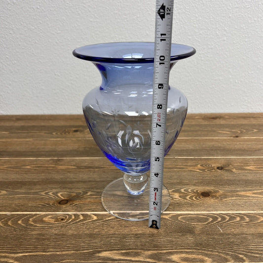 Blue Etched Glass Pedestal Vase 10 inch Tall ~ Beautiful floral