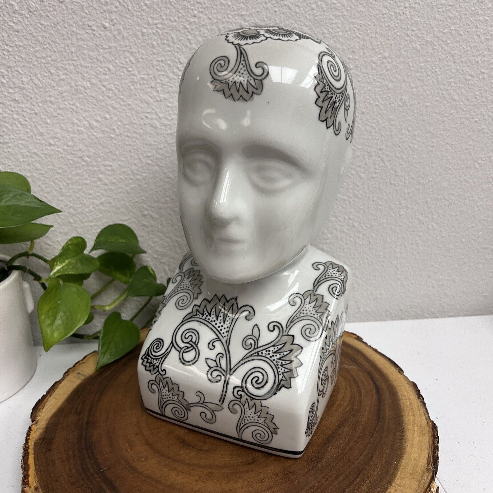 Vintage Head Bust Ceramic Bust Black Abstract Design on White Ceramic Head