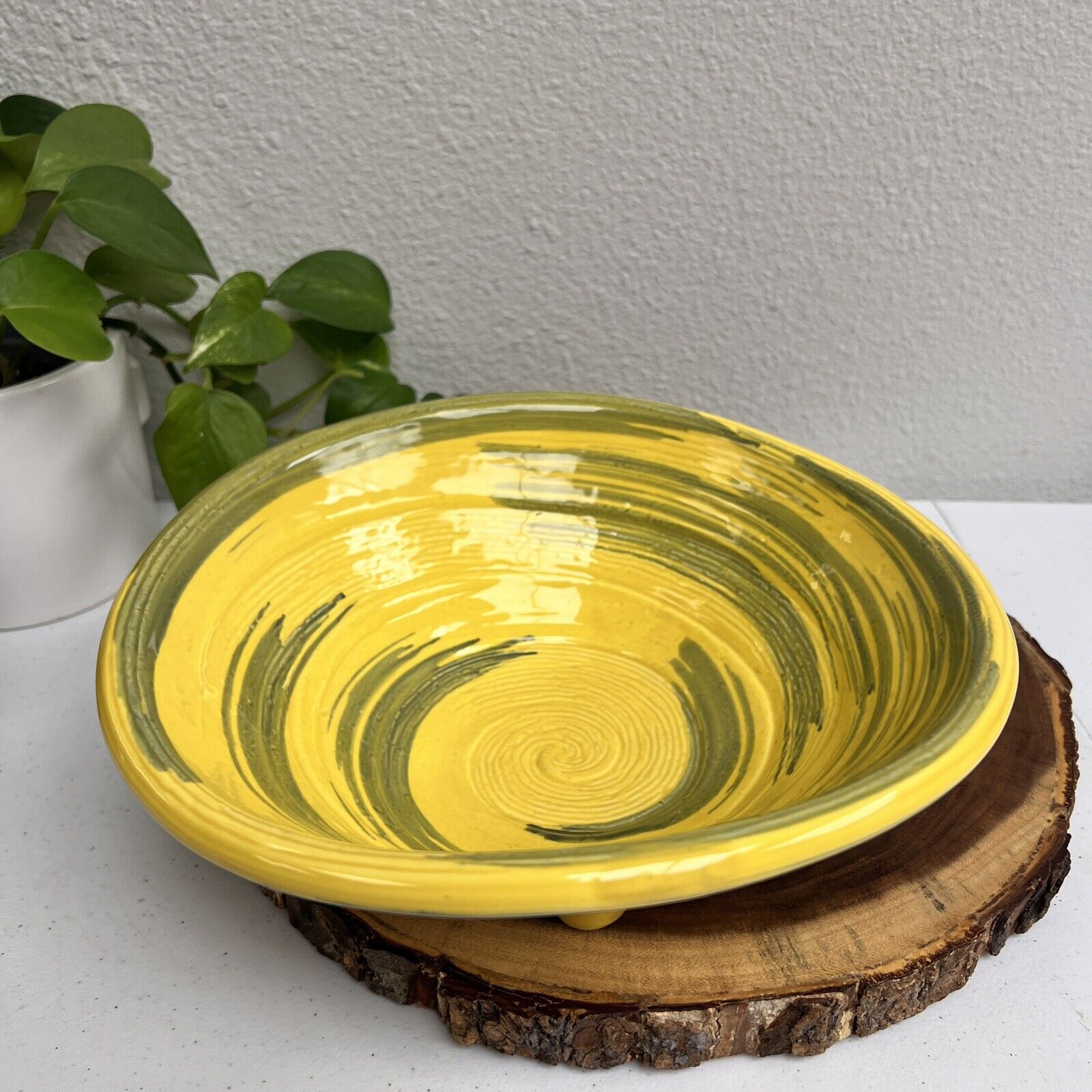 Decorative Bowl Green & Yellow Art Hand-Made Pottery Stoneware