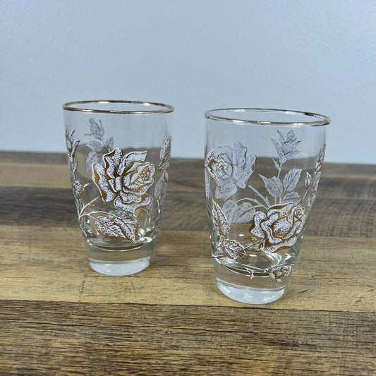 Set of 2 Vintage Libbey Clear Glass Tumblers with Rose Bouquet Pattern Gold Rim