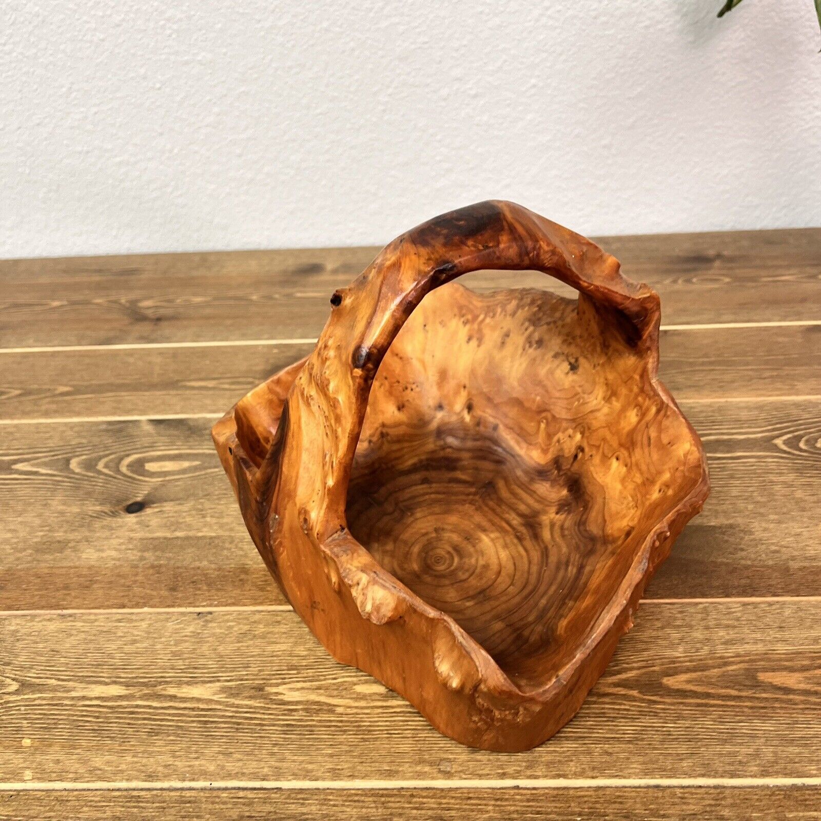 Burl Wood Basket Bowl Hand Carved Turned Tree Trunk Root Folk Boho Unique Sign