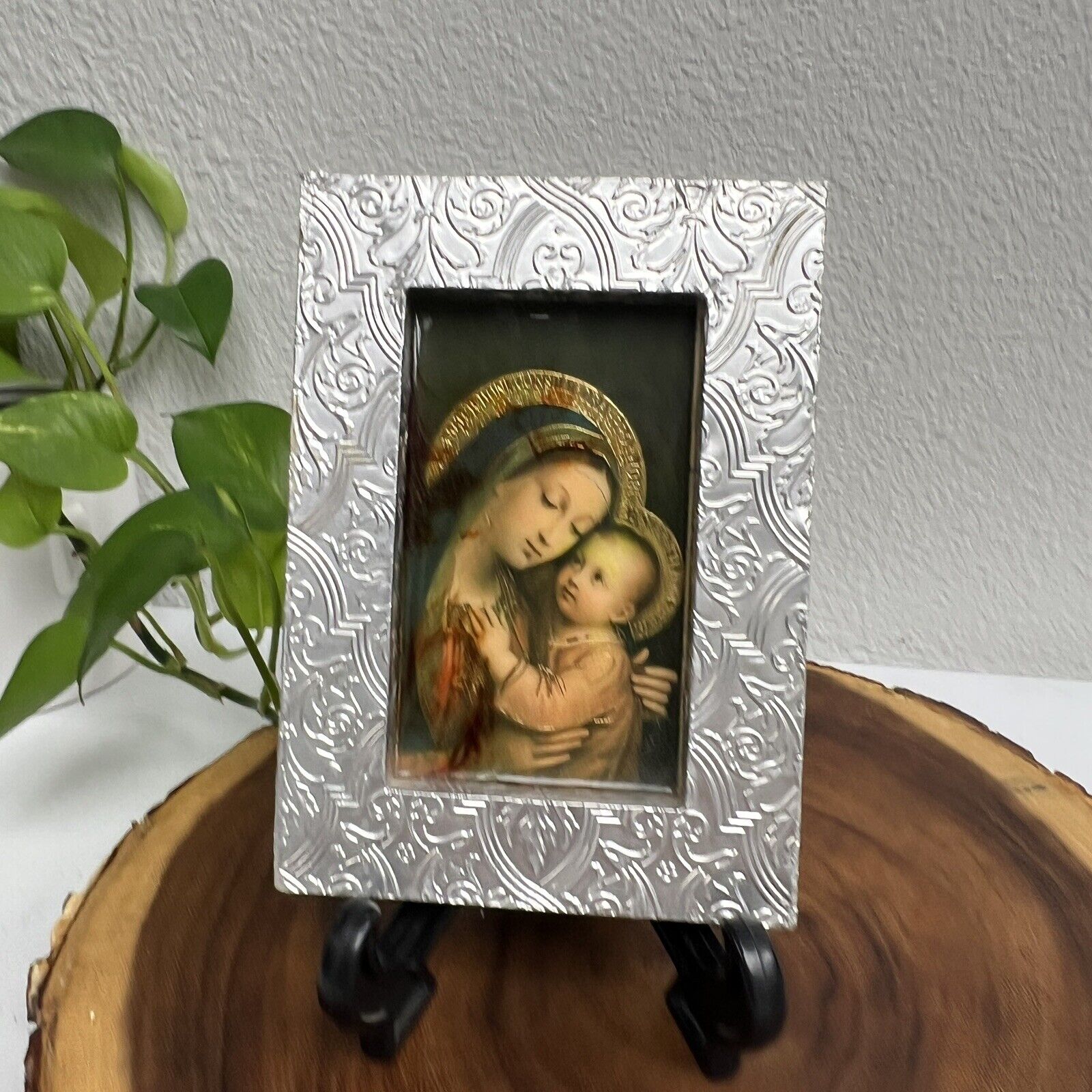 Madonna and Child Religious Jesus Silver On Wood Frame