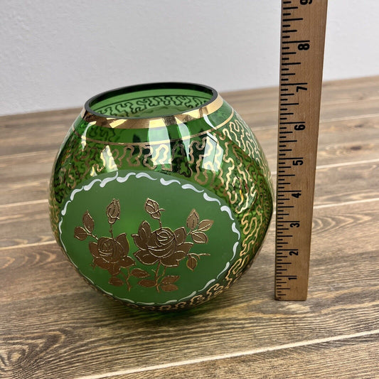 Vintage Bohemia Crystal Painted Rose Bowl green Centerpiece