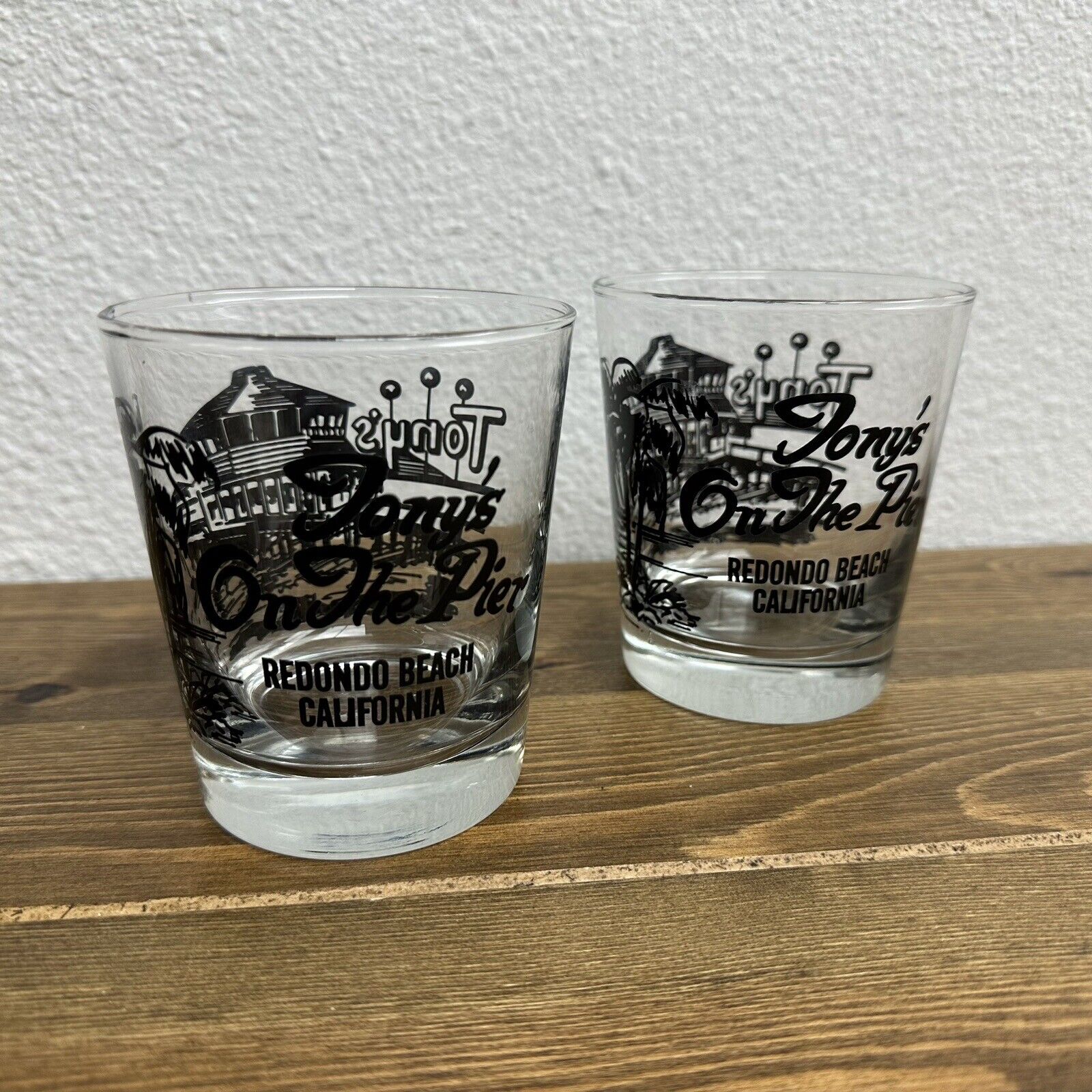 2 Vintage 1980's Tony's On The Pier Redondo Beach California Heavy Rocks Glasses