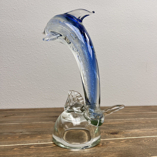 Dolphin Blown Art Glass Sculpture 12.5" Tall Gorgeous Details in Blue & Clear