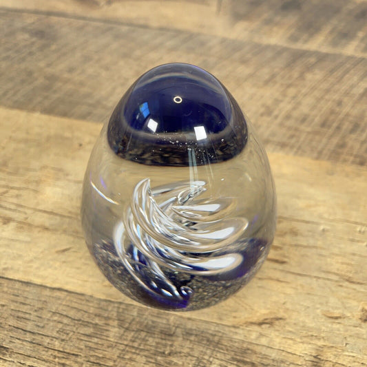 Egg Shaped Clear Glass Paperweight w Blue Gold Fleck & Clear Swirl Twist 4.5"