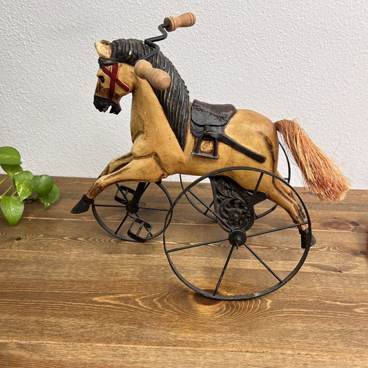 Vintage Wooden Horse Tricycle Toy Hand Carved Antique Folk Style