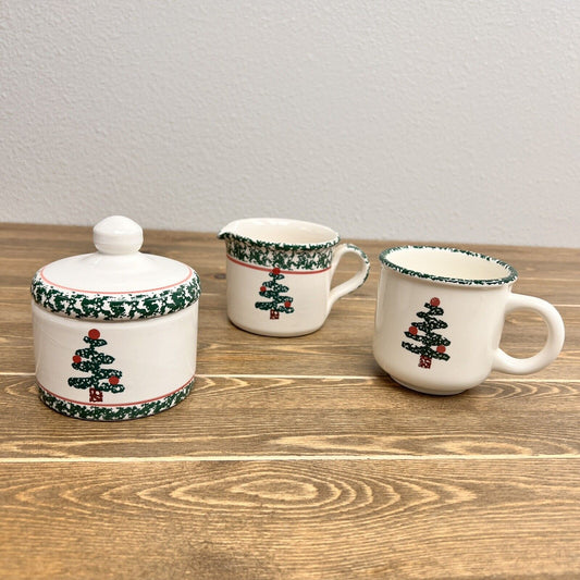 Furio Christmas Tree  Sponge Art  Sugar Bowl with Lid, Creamer  Italy & 1 mug