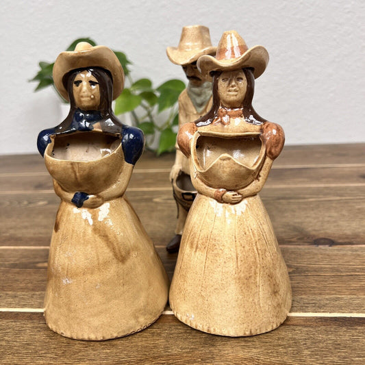 Cowboy & Cowgirls in Hat Glazed Pottery Flower Vase Vintage Set Of 3 Home Decor